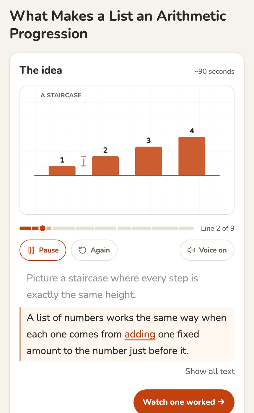 The idea: a staircase board with bars 1, 2, 3, 4 drawing themselves while the spoken line is highlighted word by word
