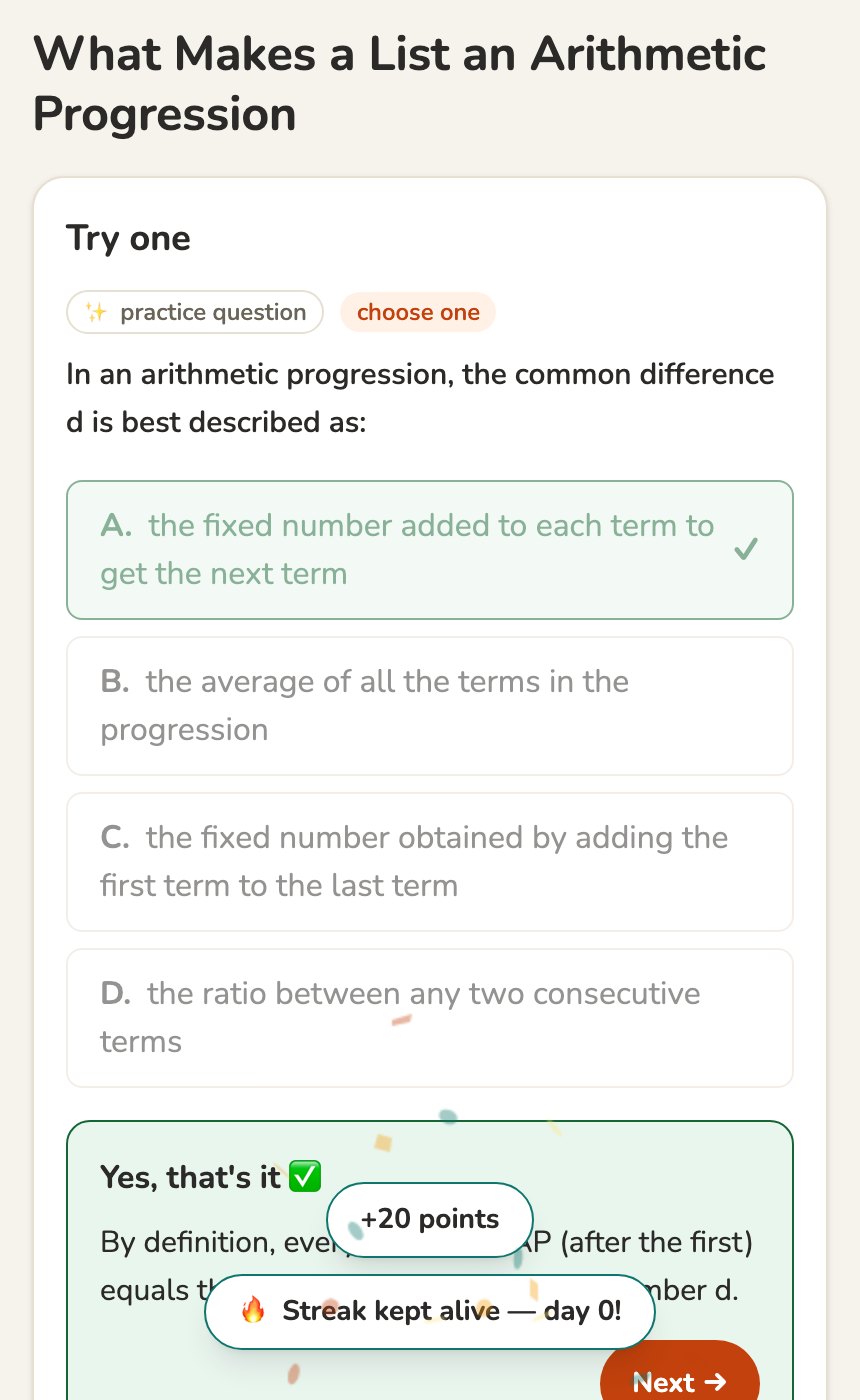Try one: a practice question answered correctly, with plus 20 points and a streak kept alive