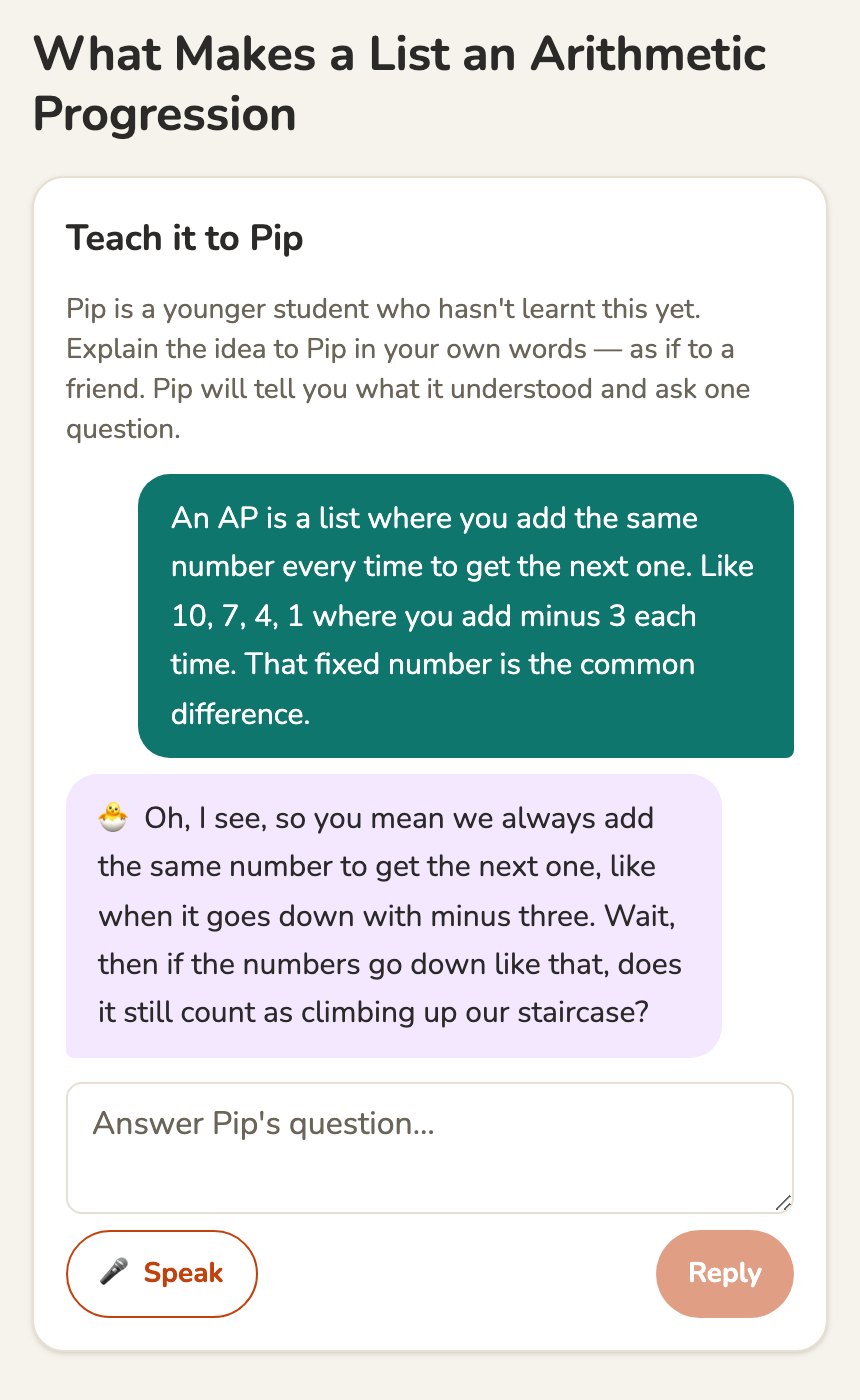 Teach it to Pip: the student explains an AP in their own words and Pip asks one question back