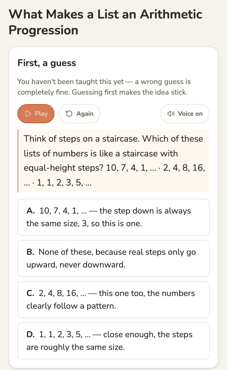First, a guess: which list is like a staircase with equal steps, four options